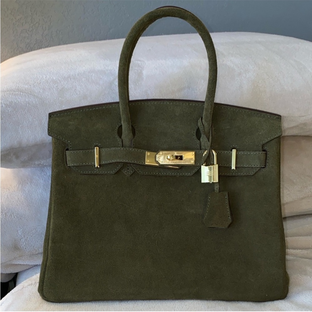 30cm genuine suede leather Olive army Green Suede top handle Handbag